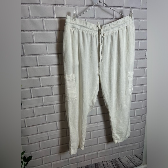 MARISSA OLIVIA tie waist linen colorblock women white joggers/size XL - Picture 4 of 7